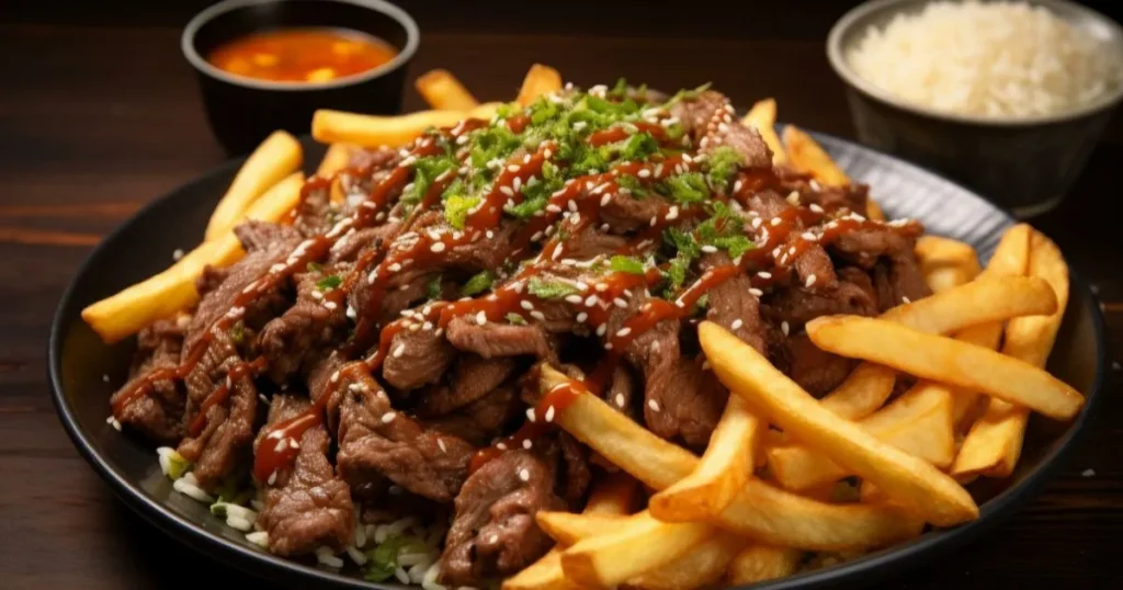 Thin Sliced Beef Recipes Your Whole Family Will Love 4 Plate of thin sliced beef topped with sesame seeds and sauce, served with crispy fries, rice, and dipping sauce.