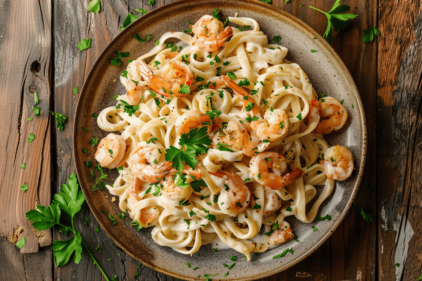 Chicken and Shrimp Alfredo served on rustic plate with creamy sauce