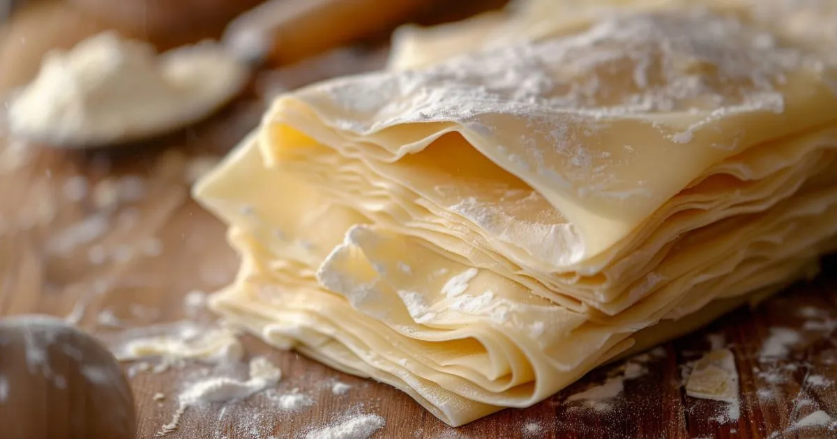 A stack of thin, Gluten Free Filo Pastry sheets dusted with flour on a wooden surface.