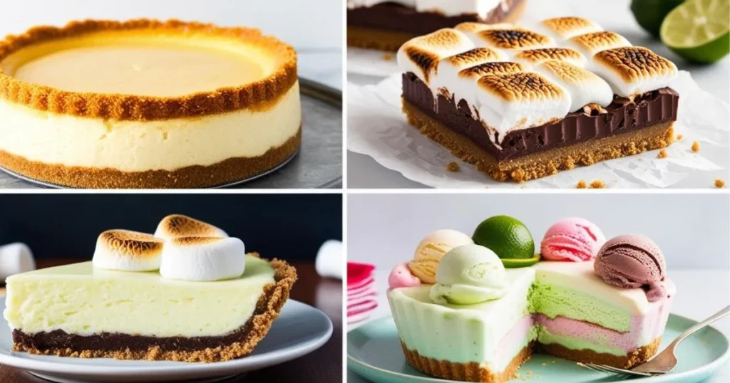 Gluten Free Graham Cracker Crust Recipe That Actually Works 7 A collage of four delicious desserts made with a gluten free graham cracker crust, including cheesecake, s'mores bars, key lime pie, and an ice cream pie.