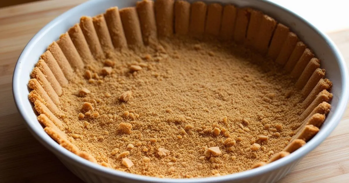 Gluten free graham cracker crust in a white pie dish, ready for filling.