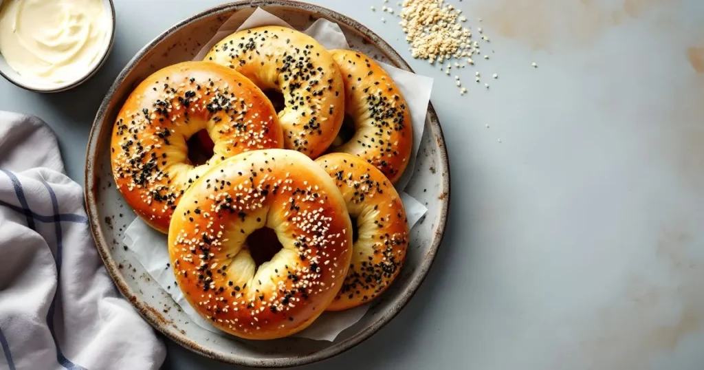 Gluten Free Bagel: Your New Go-To Breakfast Staple 5 A plate of golden-brown gluten free bagel topped with black and white sesame seeds, served with a side of creamy spread.