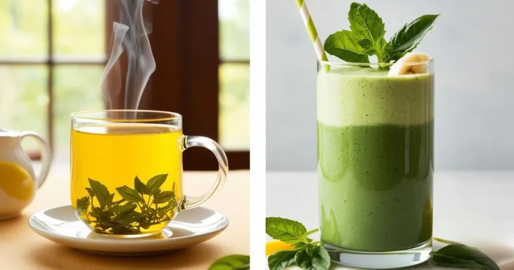 Lemon Balm for Weight Loss: 5 Proven Benefits You Need to Know 4 Two healthy drinks made with lemon balm for weight loss: a steaming cup of lemon balm tea with fresh leaves in a glass mug on the left, and a creamy green lemon balm smoothie garnished with mint and banana on the right, both on a bright, natural background.