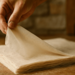 Gluten Free Filo Pastry: Light, Crisp, and Easy to Make 6 Gluten free filo pastry sheet delicately lifted by a hand in a warm kitchen, fine and realistic texture.