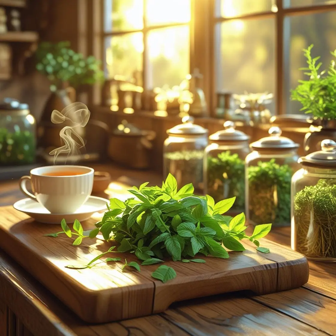 Drying lemon balm leaves for tea in a cozy home kitchen