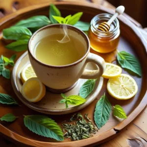 Cup of lemon balm tea after drying lemon balm leaves for tea