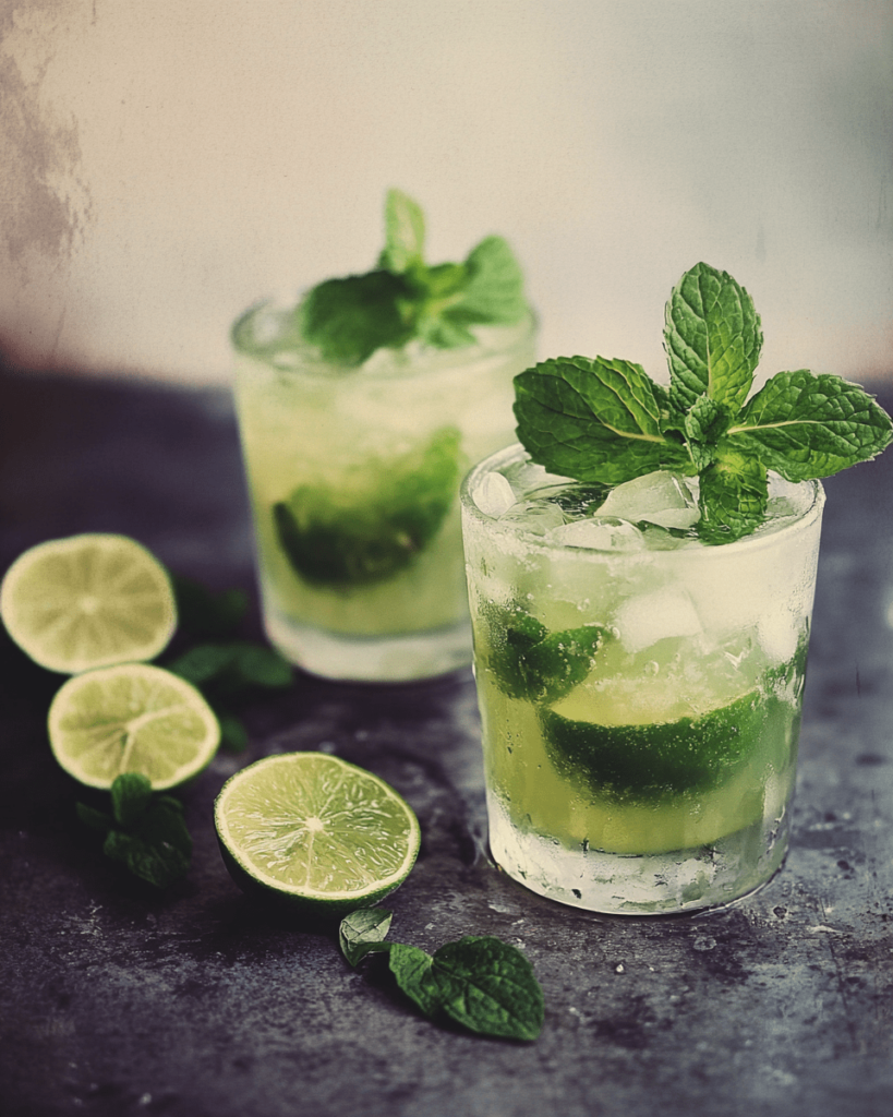Mojito Mocktail Drink: A Fresh, Easy Sip Everyone Will Love 5 Two homemade mojito mocktails drink in short glasses, filled with crushed ice, lime wedges, and fresh mint sprigs, placed on a dark rustic surface with sliced limes and mint leaves.