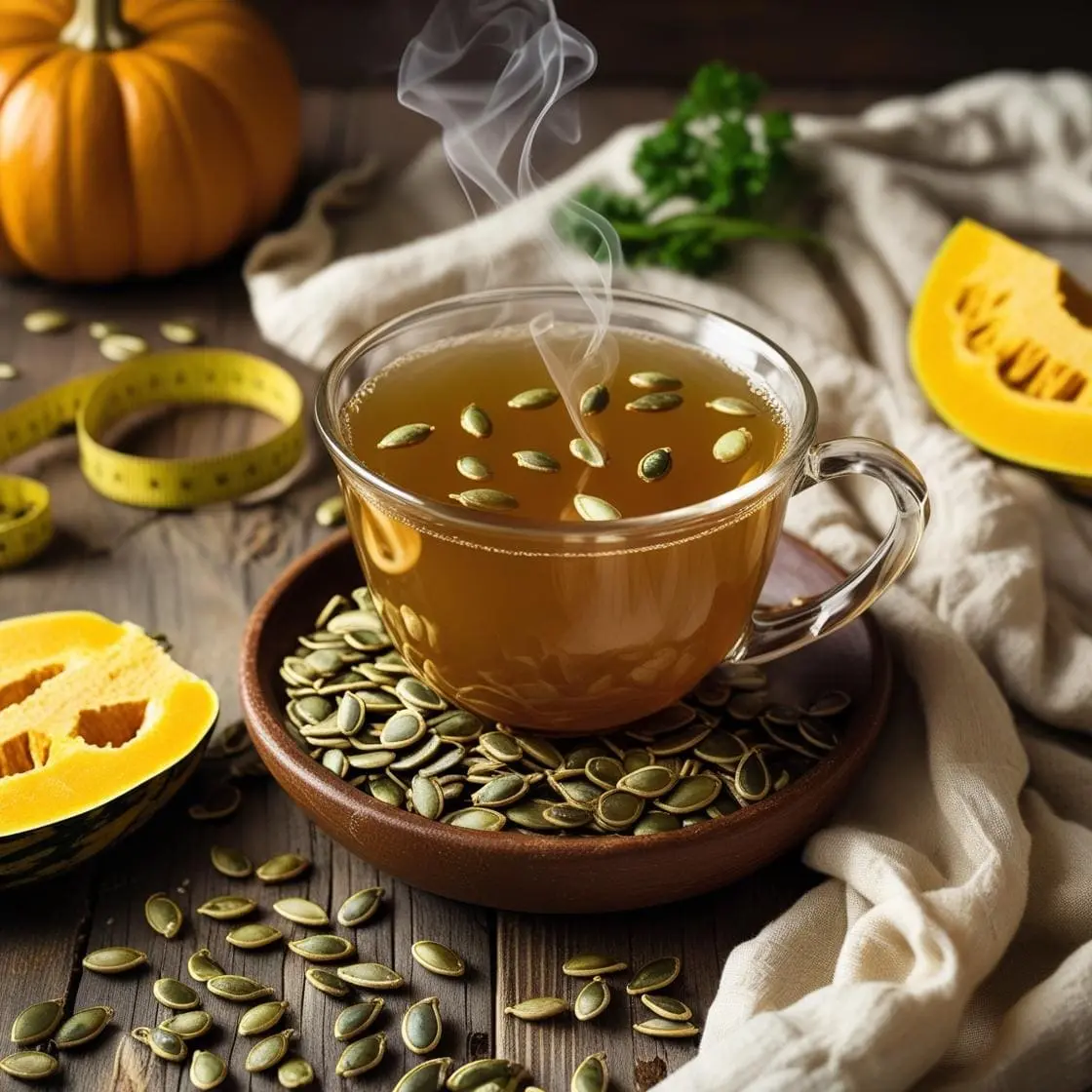Pumpkin Seed Tea for Weight Loss: Surprising Benefits You’ll Love 1 A steaming cup of pumpkin seed tea for weight loss sits on a rustic wooden table, surrounded by pumpkin seeds, slices of pumpkin, a linen cloth, and a yellow measuring tape, evoking a cozy and healthy autumn atmosphere.
