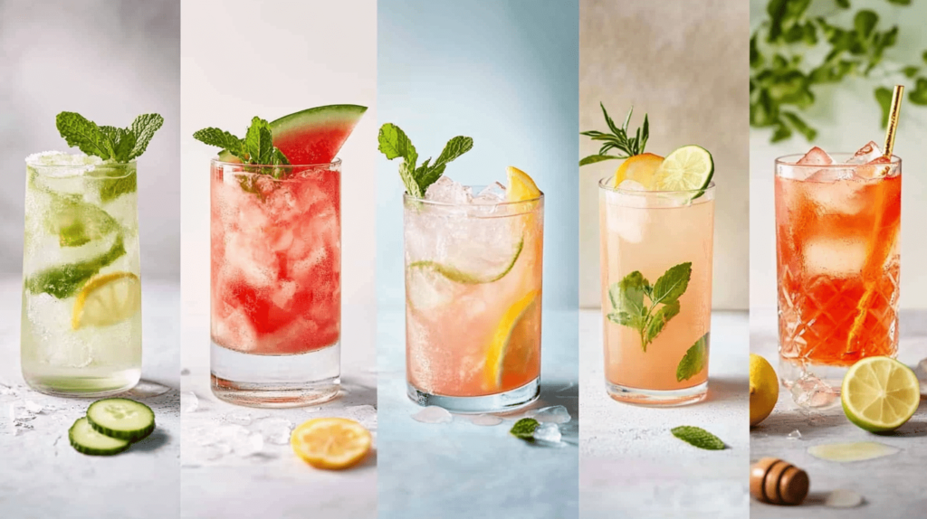 Healthy Mocktails You’ll Love to Sip, Share, and Celebrate 2 A realistic collage of six healthy mocktails in clear glasses, each garnished with fresh fruit and herbs, on a bright pastel background—refreshing non-alcoholic summer drinks for wellness and hydration