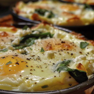 Close-up of creamy baked egg cups made with organic pasture raised eggs, fresh spinach, and feta, showing golden yolks, melty cheese, and rustic seasoning.