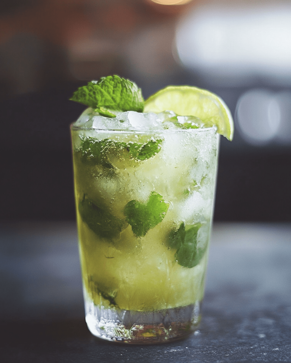 Homemade mojito mocktail drink in a tall glass, garnished with fresh mint leaves and a lime wedge, filled with crushed ice on a dark rustic table.