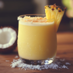 Coconut and Pineapple Mocktail Magic: A Guilt-Free Tropical Escape 5 Coconut and pineapple mocktail in a clear glass, garnished with a fresh pineapple wedge and shredded coconut, with a halved coconut in the background—refreshing tropical non-alcoholic drink.