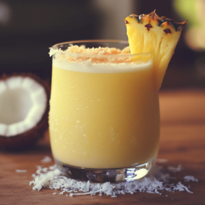 Coconut and pineapple mocktail in a clear glass, garnished with a fresh pineapple wedge and shredded coconut, with a halved coconut in the background—refreshing tropical non-alcoholic drink.