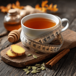 Pumpkin Seed Tea for Weight Loss: Surprising Benefits You’ll Love 3 A white cup of pumpkin seed tea with a measuring tape wrapped around it, placed on a rustic wooden board with ginger slices, pumpkin seeds, a cinnamon stick, and honey in the background.