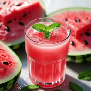 Glass of fresh watermelon juice garnished with mint leaves, surrounded by sliced watermelon and scattered mint, illustrating How to Make Watermelon Juice