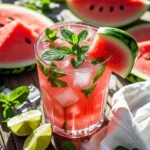 Watermelon Mint Refresher – A Cool Sip for Summer 6 Served glass of watermelon mint refresher with mint and lime outdoors