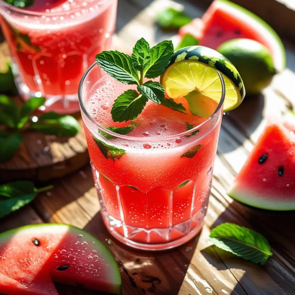 Watermelon Mint Refresher – A Cool Sip for Summer 5 Watermelon Mint Refresher with fresh mint and lime on a rustic summer table