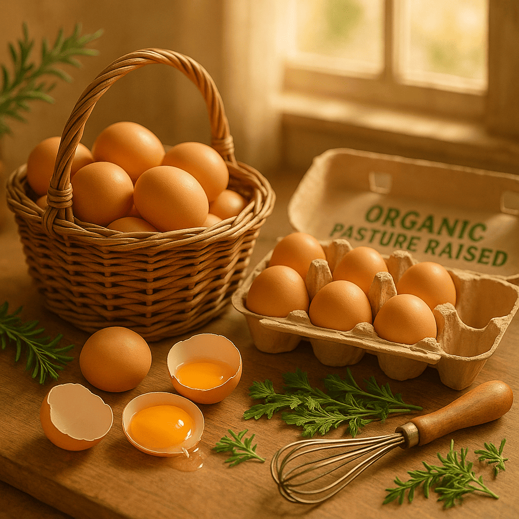 Organic Pasture Raised Eggs: Unlock Unmatched Taste, Health & Heart 5 Rustic kitchen table with a basket of organic pasture raised eggs, some cracked open to reveal golden-orange yolks, surrounded by a labeled carton, fresh herbs, and a vintage whisk, bathed in warm morning sunlight through a farmhouse window.