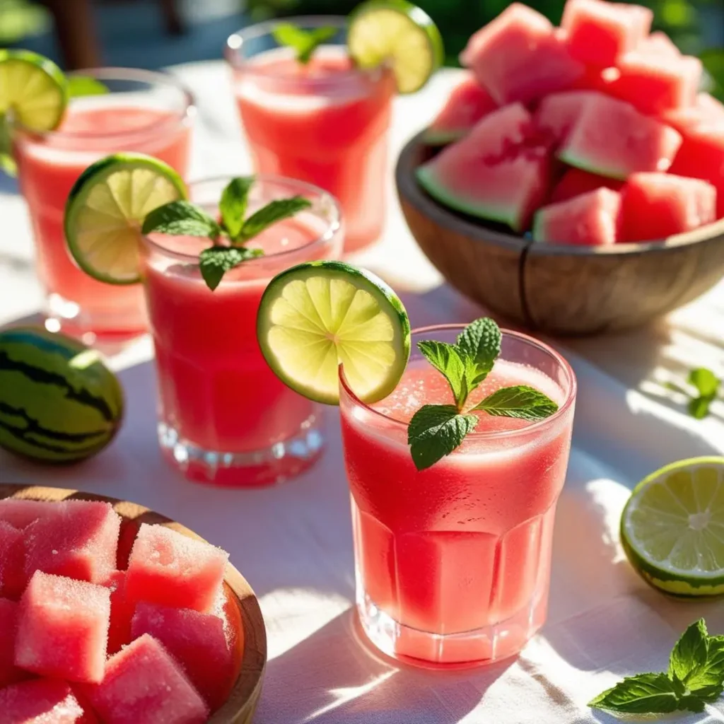 How to Make Watermelon Juice: The Only Guide You’ll Ever Need 5 Several glasses of fresh watermelon juice garnished with mint leaves and lime slices, surrounded by bowls of watermelon cubes and limes on a sunlit table, illustrating How to Make Watermelon Juice.