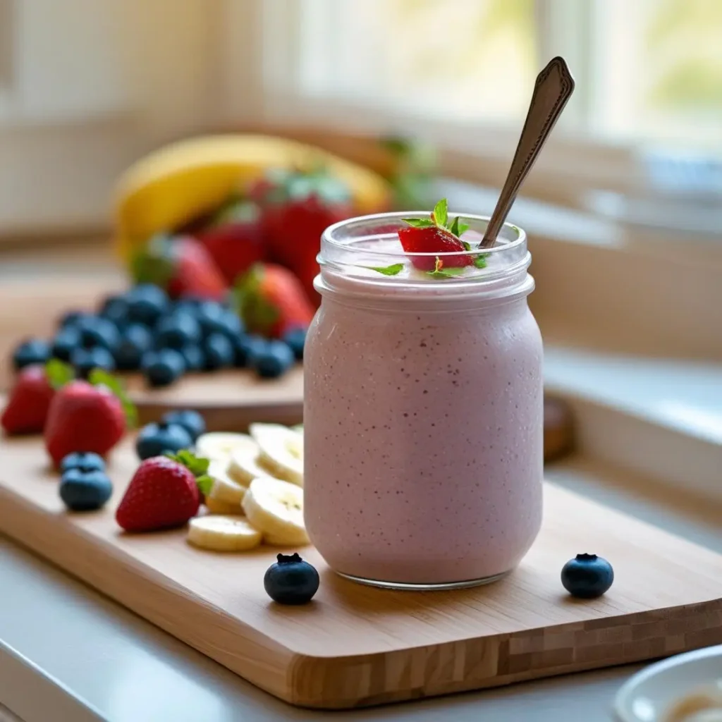 Greek Yogurt Smoothie – Healthy, Bold, and Super Easy to Blend 4 A mason jar filled with a pink Greek yogurt smoothie, garnished with a strawberry and mint, placed on a wooden cutting board surrounded by fresh strawberries, blueberries, and banana slices in a bright kitchen setting.