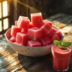 Frozen Watermelon – Easy Ways to Freeze, Use, and Love This Summer Treat 6 Frozen watermelon cubes in a bowl with a refreshing smoothie on a rustic table