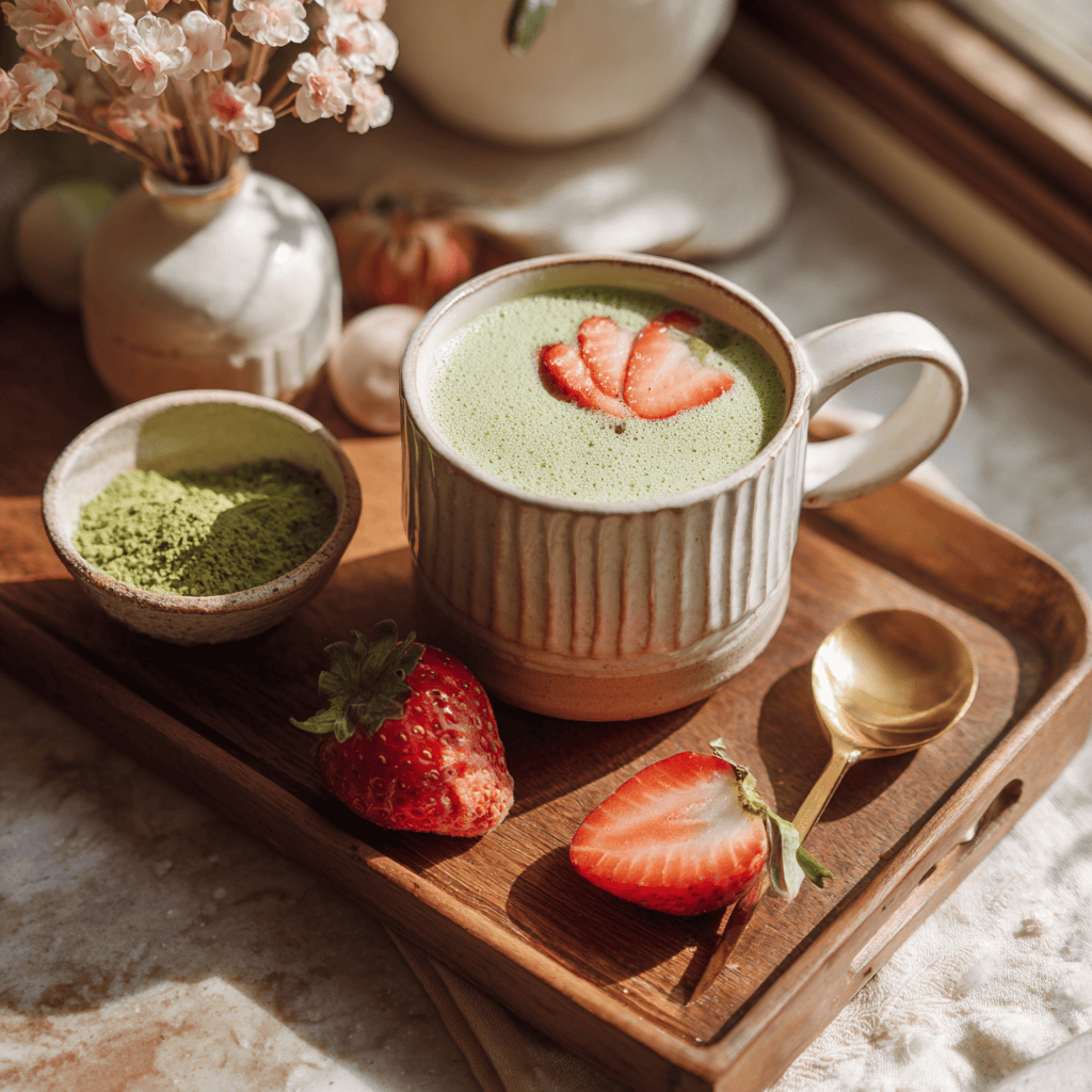 Strawberry Matcha Latte – A Luxurious, Layered Love Letter in a Glass 5 Served strawberry matcha latte with strawberry and matcha pairings