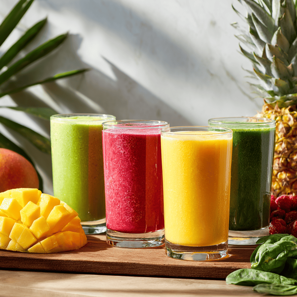 Delicious Tropical Smoothie Menu You’ll Love at Home 5 Colorful tropical smoothie menu lineup on kitchen counter