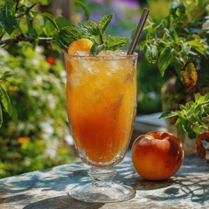 Chilled peach juice served with ice and mint