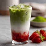 Strawberry Matcha Latte – A Luxurious, Layered Love Letter in a Glass 6 Flat lay of Strawberry Matcha Latte with labeled ingredients on white background