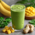 Delicious Tropical Smoothie Menu You’ll Love at Home 6 Realistic detox green smoothie with fresh ingredients on kitchen counter