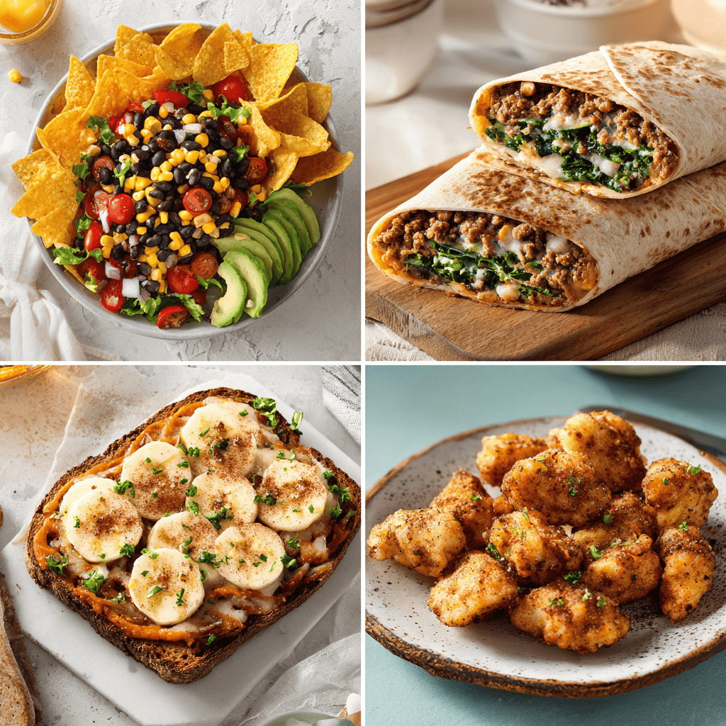 Gluten Free Fast Food Made Easy: Tasty, Safe, and Fast 5 Collage of gluten free fast food ideas including taco bowls, breakfast wraps, sweet potato toast, and chicken bites
