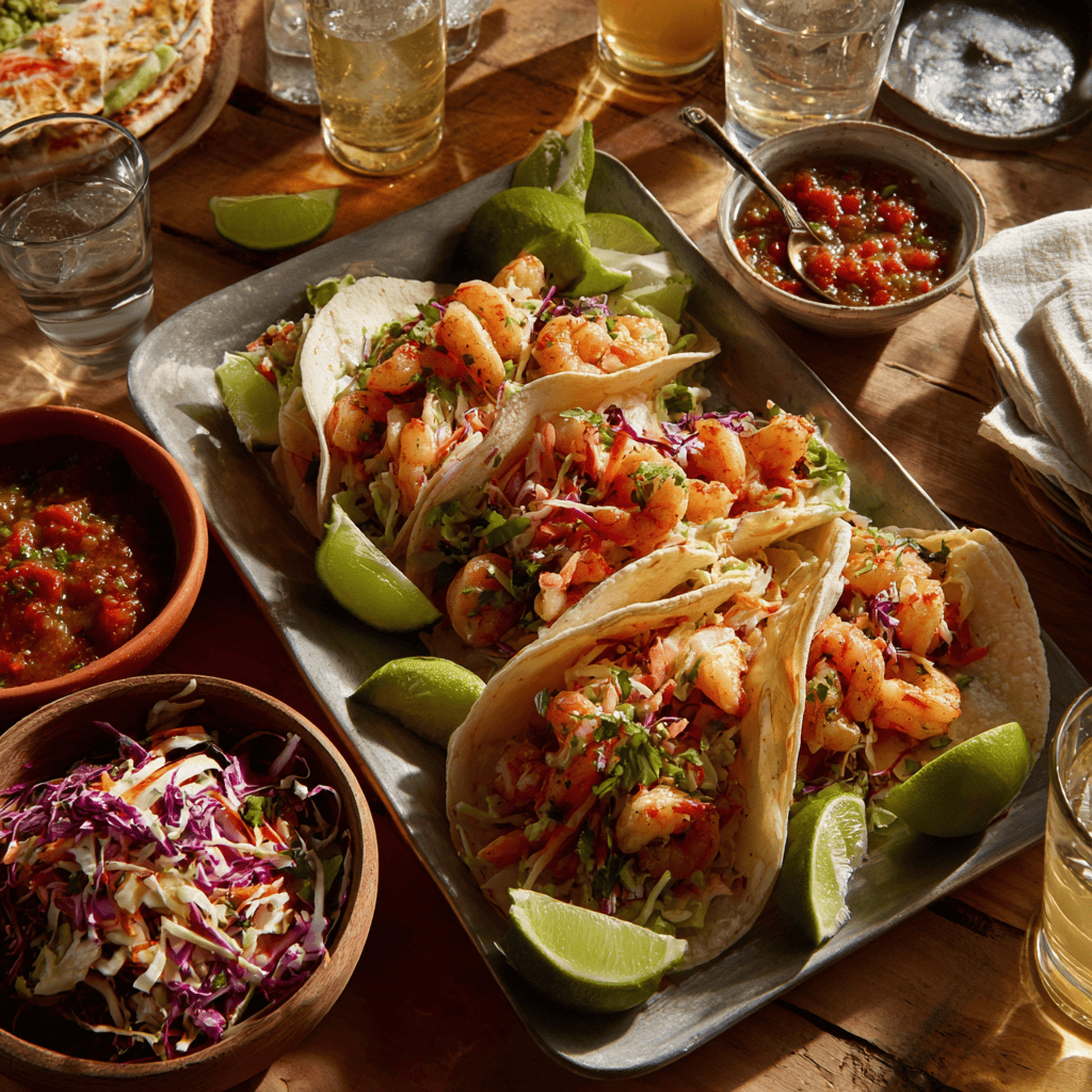 Baja Shrimp Tacos: Flavorful, Family-Friendly, and Easy to Make 4 Baja Shrimp Tacos served family-style with sides