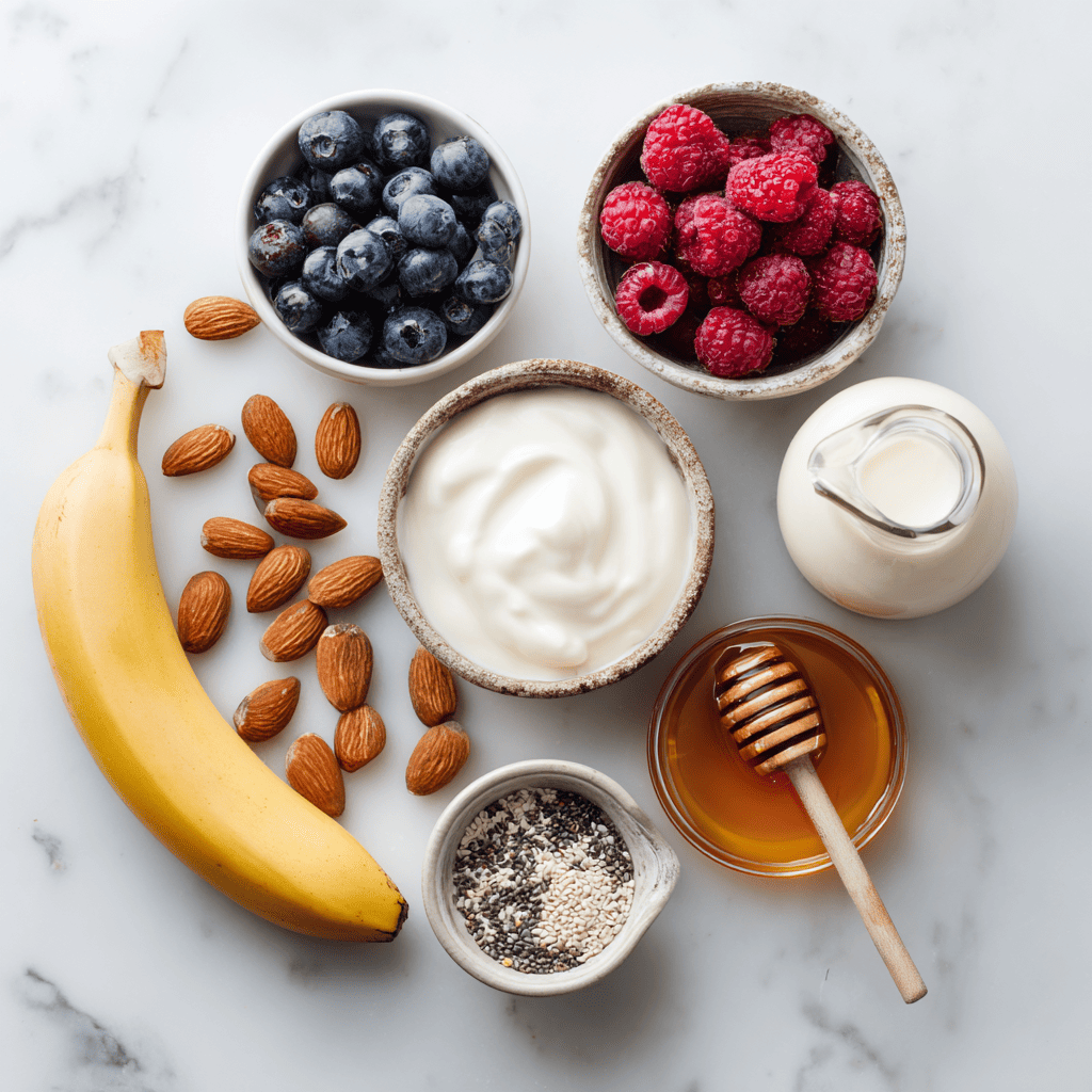 Greek Yogurt Smoothie – Healthy, Bold, and Super Easy to Blend 8 abde0815 90906 Flat lay of smoothie ingredients on white marb d4f07918 a4ab 4024 8250 184c2a6789a0 2