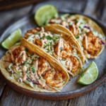 Baja Shrimp Tacos: Flavorful, Family-Friendly, and Easy to Make 5 Baja Shrimp Tacos with creamy sauce and slaw on a rustic plate