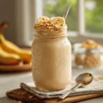 Peanut Paradise Tropical Smoothie – Your New Favorite Fuel 6 Served peanut paradise tropical smoothie in mason jar with banana and peanut topping