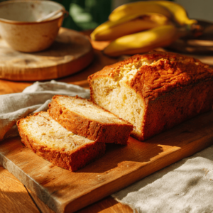 freshly baked cottage cheese banana bread sliced on cutting board