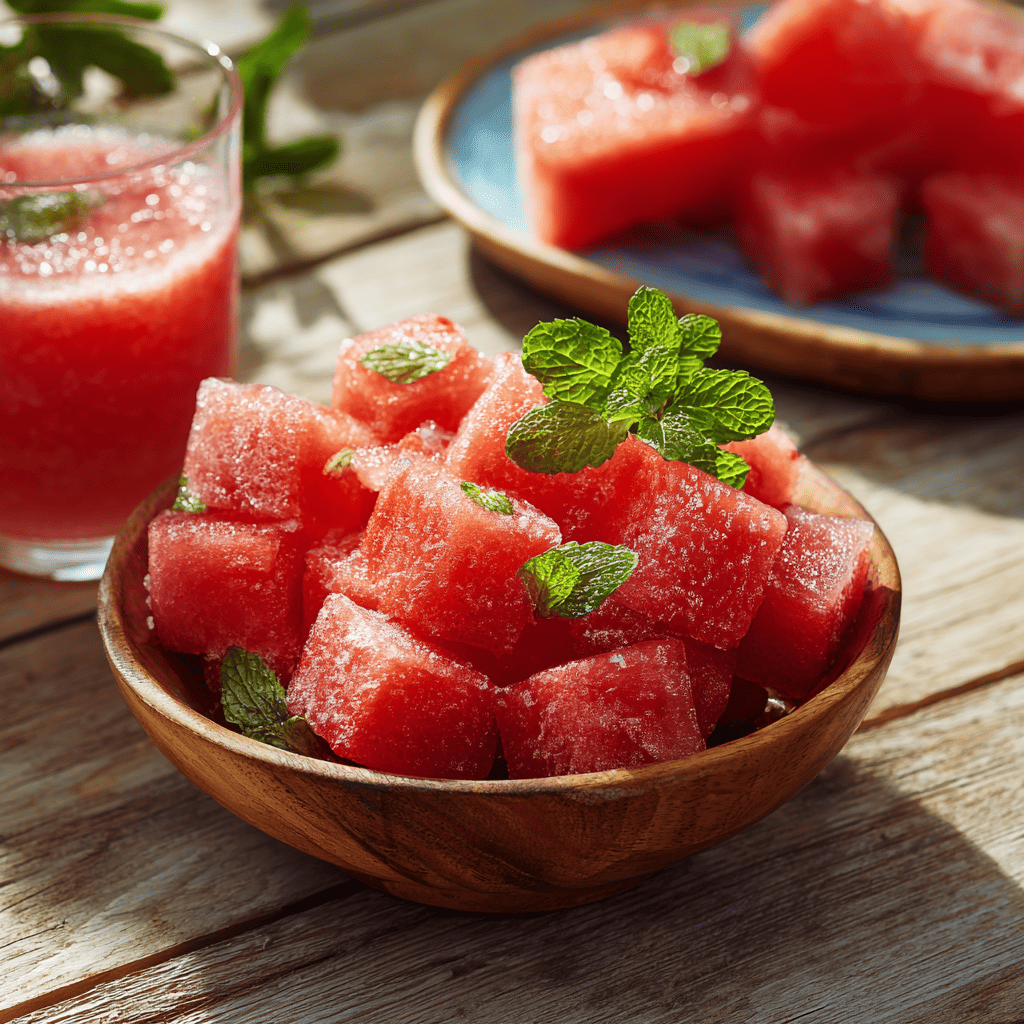 Frozen Watermelon – Easy Ways to Freeze, Use, and Love This Summer Treat 5 A wooden bowl filled with frozen watermelon cubes garnished with fresh mint leaves, placed on a rustic wooden table. In the background, there is a plate with more watermelon cubes and a glass of watermelon juice.