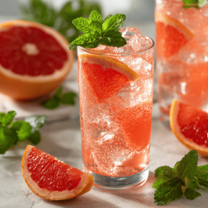 Refreshing glass of grapefruit soda on a sunny table