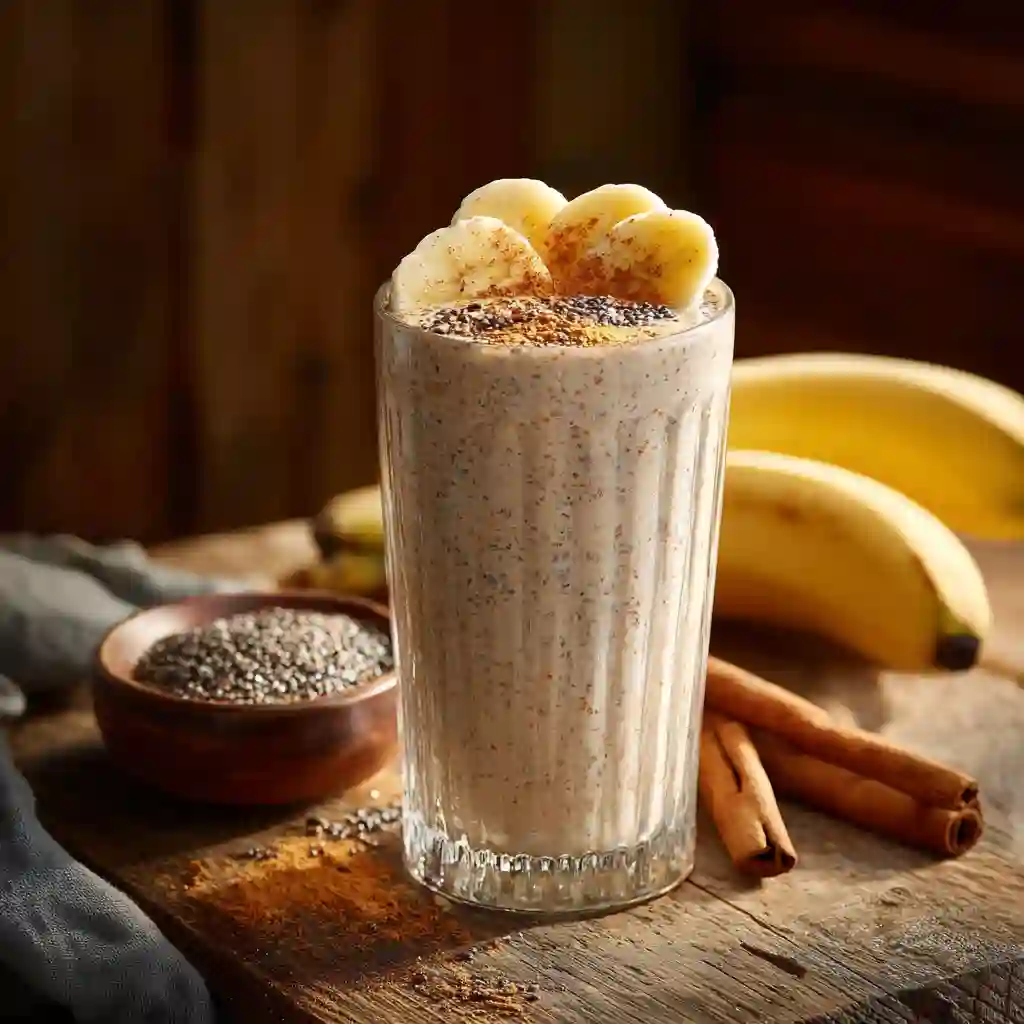 Chia Banana Boost Smoothie You’ll Make Again (And Again!) 9 Chia Banana Boost Smoothie served in a tall glass with banana and chia topping
