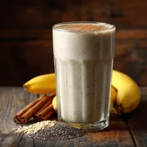 Served Chia Banana Boost smoothie with banana and cinnamon