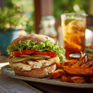 Grilled chicken sandwich on gluten free bun with sweet potato fries