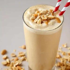 A close-up of a healthy Peanut Paradise Tropical Smoothie copycat recipe in a tall glass, topped with crushed peanuts and a caramel drizzle.