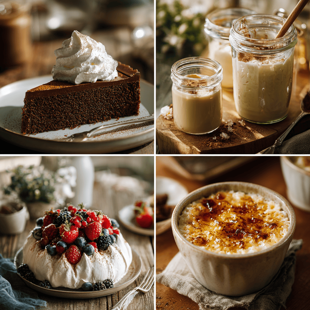 A collage of classic gluten-free desserts, with a slice of chocolate cake topped with whipped cream, creamy desserts in glass jars, a pavlova topped with mixed berries, and a bowl of caramelized rice pudding.