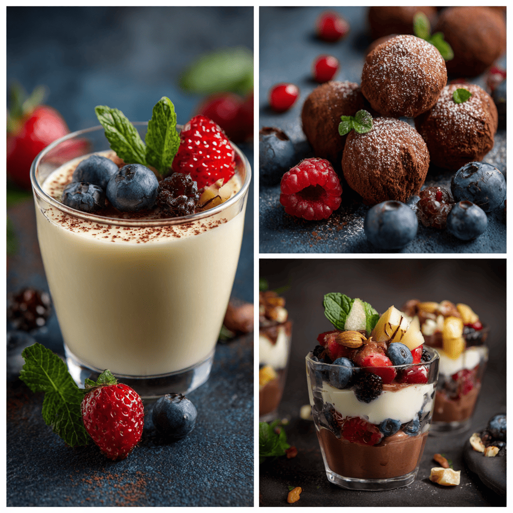 A collage of gluten-free desserts, showing a glass of vanilla panna cotta topped with berries, chocolate truffles dusted with cocoa and berries, and parfaits layered with chocolate, yogurt, fruit, and nuts.