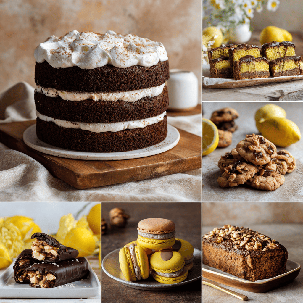 A vibrant collage of gluten-free desserts featuring a triple-layer chocolate cake with whipped topping, lemon sponge cakes glazed with chocolate, lemon and almond cookies, chocolate bars with nuts, colorful macarons, and a loaf cake topped with walnuts.