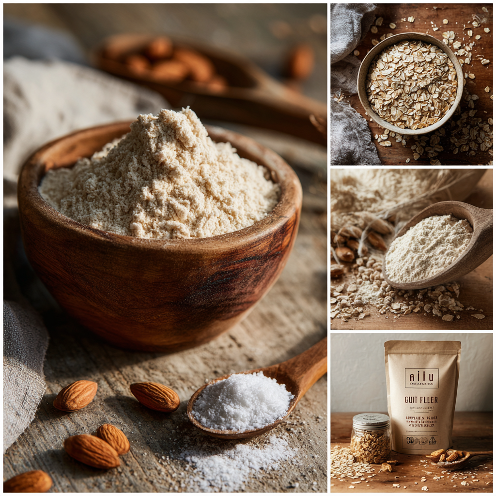 Gluten-Free Desserts That Taste Amazing and Are Easy to Make 14 A collage of ingredients for gluten-free desserts, featuring a wooden bowl of almond flour and a spoonful of salt, a bowl of oats, a wooden spoon with flour surrounded by nuts and oats, and a package of gut-friendly flour, all arranged on a rustic tabletop.