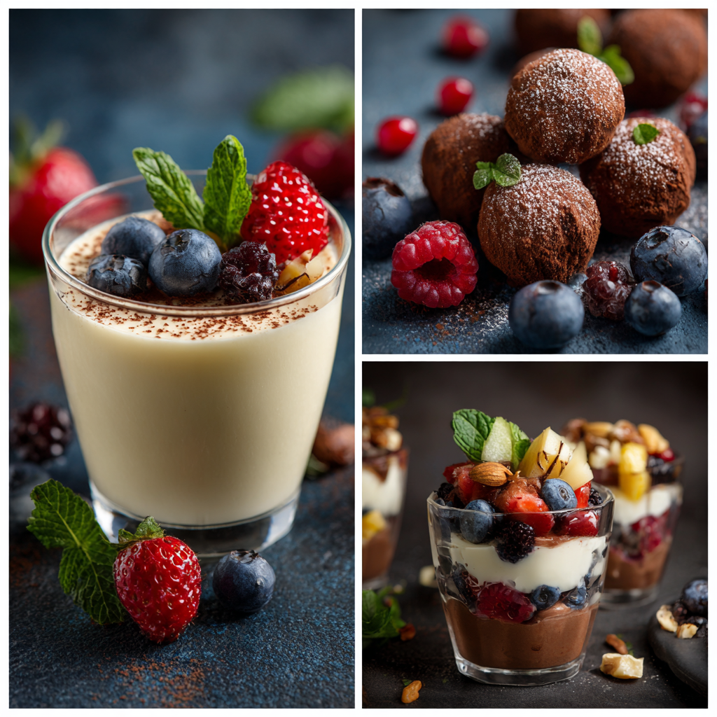 Gluten-Free Desserts That Taste Amazing and Are Easy to Make 13 A collage of gluten-free desserts, showing a glass of vanilla panna cotta topped with berries, chocolate truffles dusted with cocoa and berries, and parfaits layered with chocolate, yogurt, fruit, and nuts.