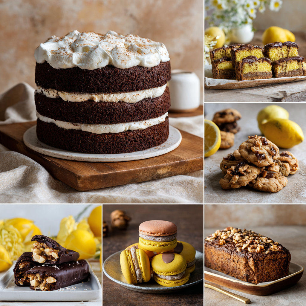 Gluten-Free Desserts That Taste Amazing and Are Easy to Make 12 A vibrant collage of gluten-free desserts featuring a triple-layer chocolate cake with whipped topping, lemon sponge cakes glazed with chocolate, lemon and almond cookies, chocolate bars with nuts, colorful macarons, and a loaf cake topped with walnuts.
