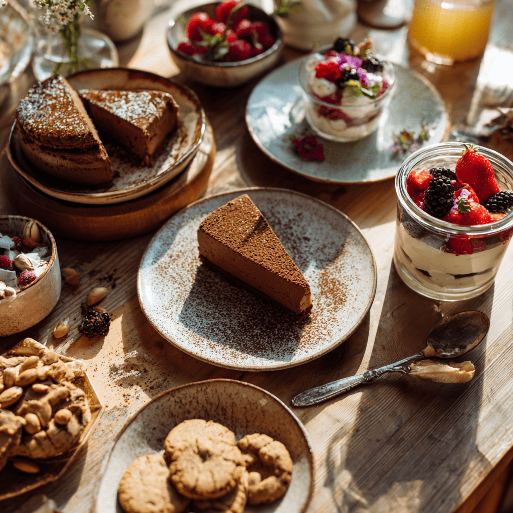 Gluten-Free Desserts That Taste Amazing and Are Easy to Make 9 A selection of gluten-free desserts arranged on a wooden table in natural daylight, featuring a slice of chocolate cake dusted with cocoa, crunchy cookies, a berry and yogurt parfait in a jar, and several bowls of fresh fruits and nuts.