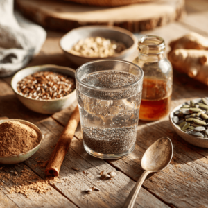 Bariatric seed ritual recipe with chia, flax, pumpkin, sunflower, and sesame seeds in a glass